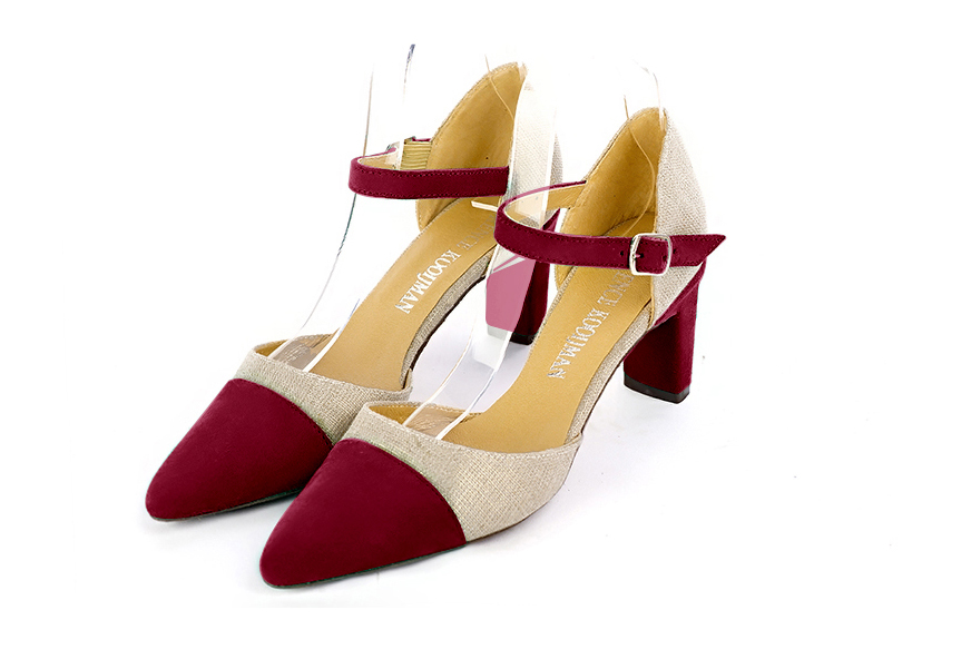 Burgundy red and gold open side elegant shoes, with an instep strap. Tapered toe. Medium comma heels.